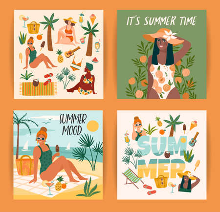 Set of bright summer illustrations with cute women. Summer holliday, vacation, travel. Vector templatesのイラスト素材