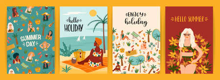 Set of bright summer illustrations with cute women. Summer holliday, vacation, travel. Vector templatesのイラスト素材
