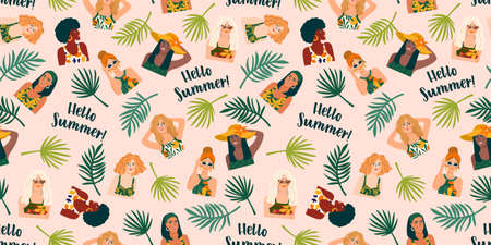 Vector seamless pattern with women in swimsuit and tropical plants. Summer holliday, vacation, travel.のイラスト素材