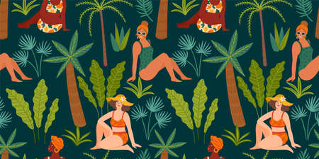 Vector seamless pattern with women in swimsuit and tropical plants. Summer holliday, vacation, travel.のイラスト素材