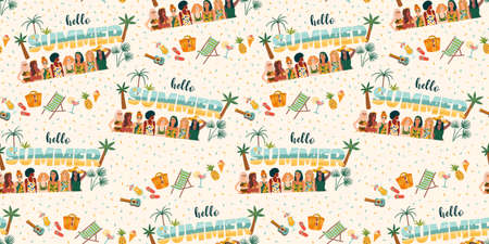 Vector seamless pattern with women in swimsuit on tropical beach. Summer holliday, vacation, travelの写真素材