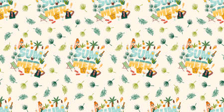 Vector seamless pattern with women in swimsuit on tropical beach. Summer holliday, vacation, travel