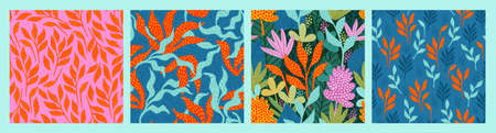 Set of bright funny seamless patterns with abstract leaves. Vector designの写真素材