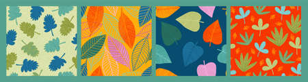 Set of bright funny seamless patterns with abstract leaves. Vector designのイラスト素材