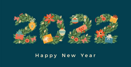 Christmas and Happy New Year illustration with Christmas Garlands. Vector design template.のイラスト素材