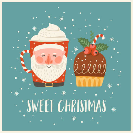 Christmas and Happy New Year illustration with christmas sweet and drink. Vector design template.のイラスト素材