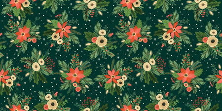 Christmas and Happy New Year seamless pattern. Christmas tree, flowers, berries. New Year symbols.のイラスト素材