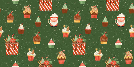 Christmas and Happy New Year seamless pattern with christmas sweets and drink.のイラスト素材
