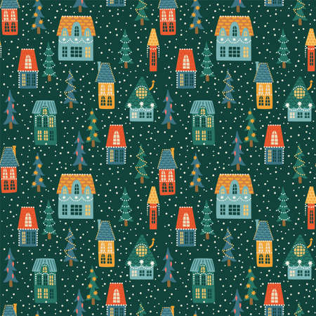 Christmas and Happy New Year seamless pattern. City, houses, Christmas trees, snow.のイラスト素材