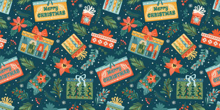 Christmas and Happy New Year seamless pattern with gift boxes. Vector design template.のイラスト素材