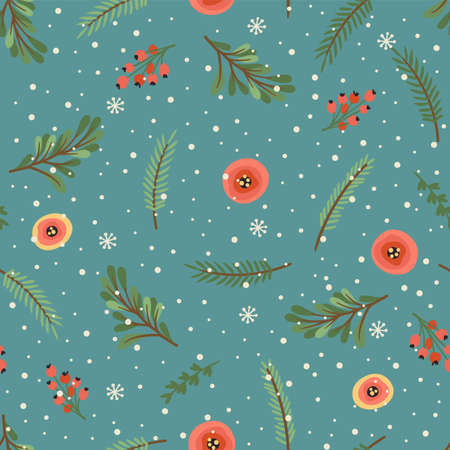 Christmas and Happy New Year seamless pattern. Christmas tree, flowers, berries. New Year symbols.Vector design template.のイラスト素材