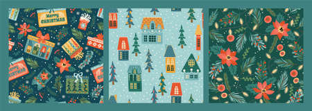 Set of Christmas and Happy New Year seamless patterns with christmas houses, gift boxes, spruce twigs, flowers.のイラスト素材