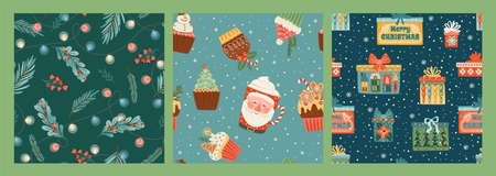 Set of Christmas and Happy New Year seamless patterns with christmas sweets, gift boxes, spruce twigs .のイラスト素材