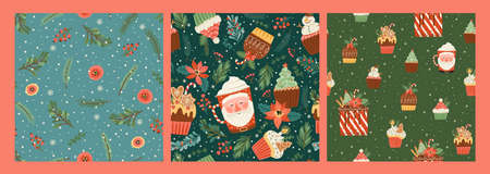 Set of Christmas and Happy New Year seamless patterns with christmas sweets and spruce twigsのイラスト素材