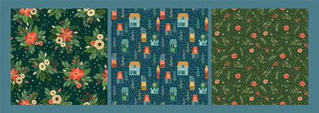 Set of Christmas and Happy New Year seamless patterns with christmas houses, spruce twigs, flowers.のイラスト素材