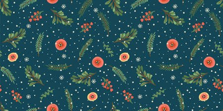 Christmas and Happy New Year seamless pattern. Christmas tree, flowers, berries.のイラスト素材