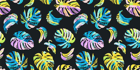Abstract art seamless pattern with tropical leaves and bananas.のイラスト素材