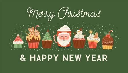 Christmas and Happy New Year banner with christmas sweet and drink.のイラスト素材