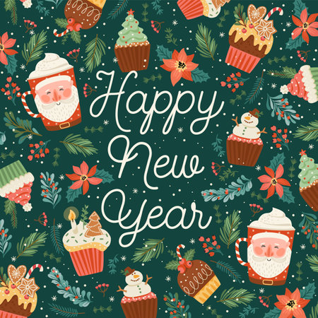 Christmas and Happy New Year card with christmas sweet and drink. Vector design templatのイラスト素材