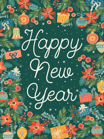 Christmas and Happy New Year poster with Christmas decorations.のイラスト素材