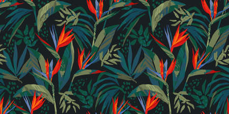Abstract art seamless pattern with tropical leaves and flowers.