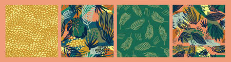 Set of abstract art seamless patterns with tropical leaves. Modern exotic designのイラスト素材