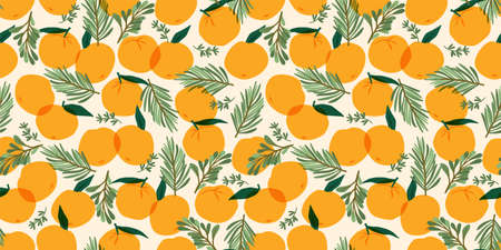 Christmas and Happy New Year seamless pattern. Christmas tree and tangerines. New Year symbols.のイラスト素材