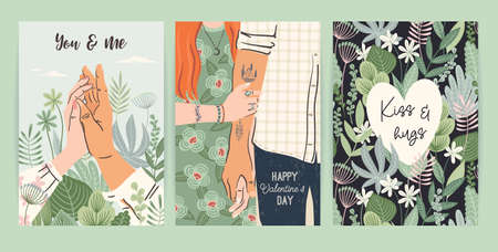 Set of Romantic illustrations. Man and woman. Love, love story, relationship. Vector Valentines Dayのイラスト素材