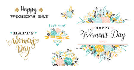 Happy Womens Day. Illustrations of flowers and inscriptions. Vector clipart.のイラスト素材
