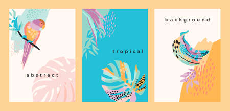 Collection of art backgrounds with abstract tropical nature. Modern design for posters, covers, cards, interior decor and other users.のイラスト素材