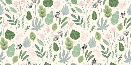 Abstract gentle seamless pattern with leaves, flowers and grass. Modern exotic designのイラスト素材