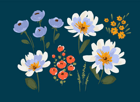 Set of floral design elements. Leaves, flowers, grass, branches. Vectorのイラスト素材