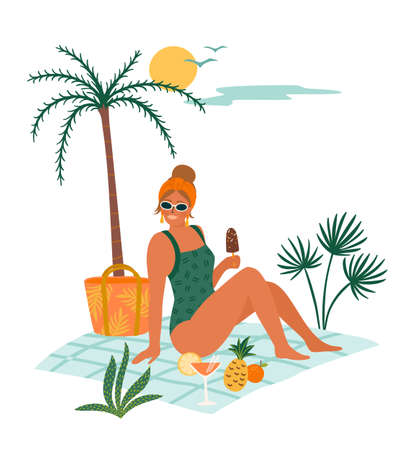 Vector illustration of woman in swimsuit on tropical beach. Summer holliday, vacation, travel. Design elementのイラスト素材