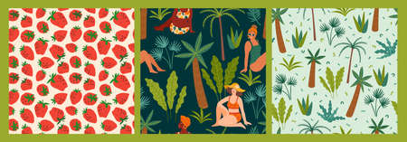 Vector seamless patterns with women in swimsuit, tropical plants, strawberries. Summer holliday, vacation, travel.のイラスト素材