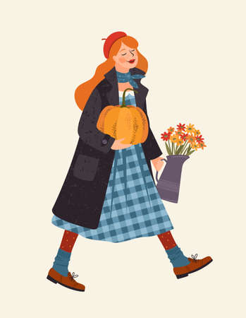 Autumn illustration. Cute lady with pumpkin and flowers . Vector design for card, poster, flyer, web and otherのイラスト素材