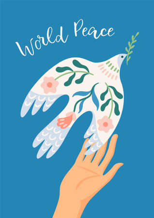 World Peace. Hand and dove of peace. Vector illustration. Elements for card, poster, flyer and other useのイラスト素材