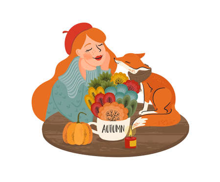 Cute girl with a fox. Autumn fairy tale illustration. Vector design for card, poster, flyer, web and otherのイラスト素材