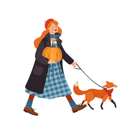 Cute girl with a fox. Autumn fairy tale illustration. Vector design for card, poster, flyer, web and otherのイラスト素材