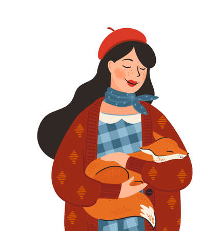 Cute girl with a fox. Autumn fairy tale illustration. Vector design for card, poster, flyer, web and otherのイラスト素材