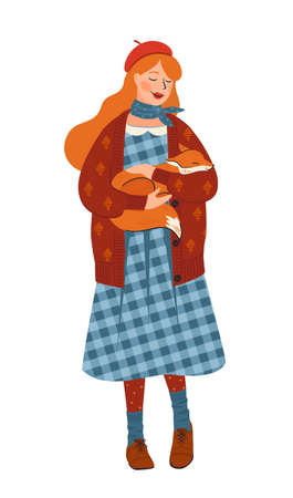 Cute girl with a fox. Autumn fairy tale illustration. Vector design for card, poster, flyer, web and otherのイラスト素材