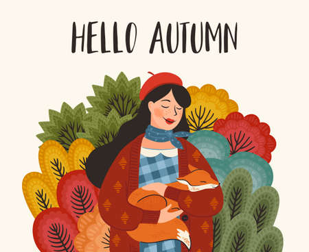 Cute girl with a fox. Autumn fairy tale illustration. Vector design for card, poster, flyer, web and otherのイラスト素材