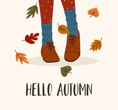 Cute Autumn illustration. Womens feet in boots. Vector design for card, poster, flyer, web and otherのイラスト素材