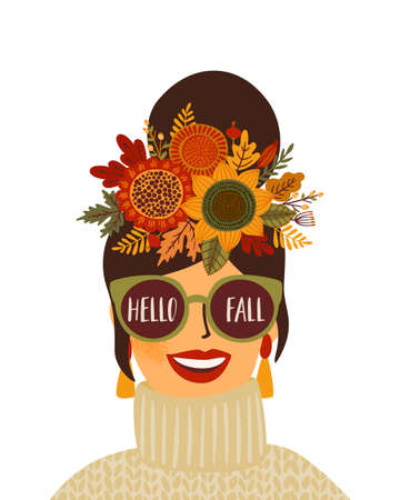 Autumn illustration with cute woman. Vector design for card, poster, flyer, web and otherのイラスト素材