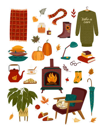 Autumn illustration with homely cute things. Vector design for card, poster, flyer, web and otherのイラスト素材