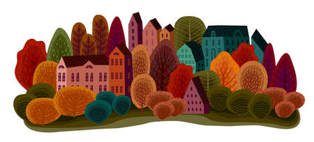 Isolated illustration with autumn town. Vector template for card, poster, flyer, cover and otherのイラスト素材