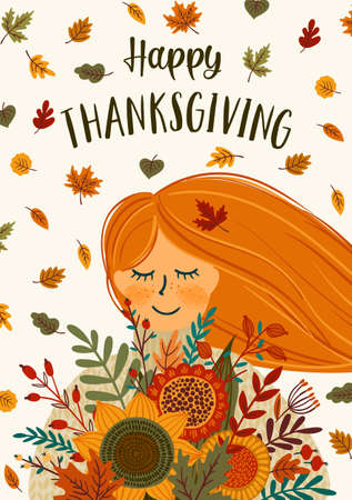 Happy Thanksgiving illustration. Cute lady with autumn bouquet. Vector design for card, poster, flyer, web and otherのイラスト素材