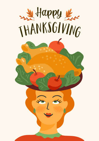Happy Thanksgiving illustration. Cute lady with turkey on head. Vector design for card, poster, flyer, web and otherのイラスト素材