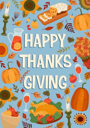 Happy Thanksgiving illustration with festive table, Vector design for card, poster, flyer, web and otherのイラスト素材