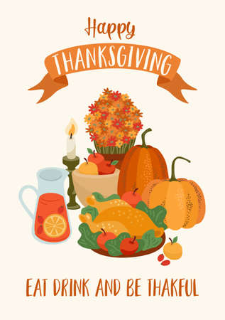 Happy Thanksgiving illustration with festive table, Vector design for card, poster, flyer, web and otherのイラスト素材
