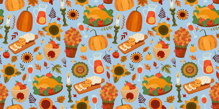 Happy Thanksgiving. Seamless pattern with festive table, Vectorのイラスト素材